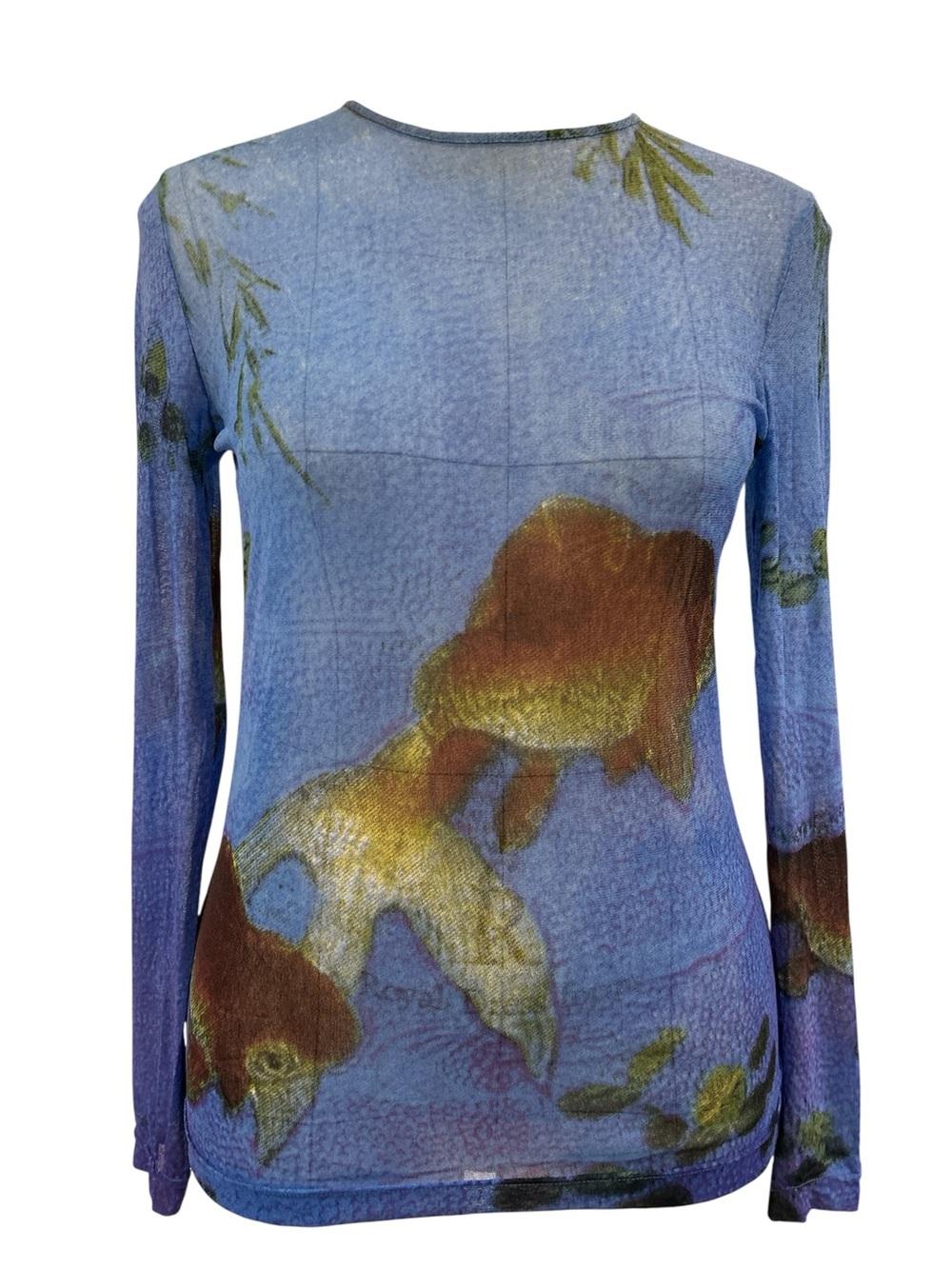 90’s Vivienne Tam mesh goldfish print long sleeve blue M